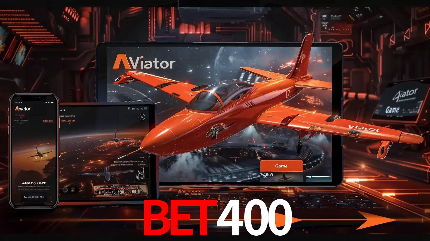 Apresentação tecnológica do jogo Aviator com um avião saindo da tela de um tablet, demonstrando a experiência imersiva em múltiplos dispositivos no BET400.