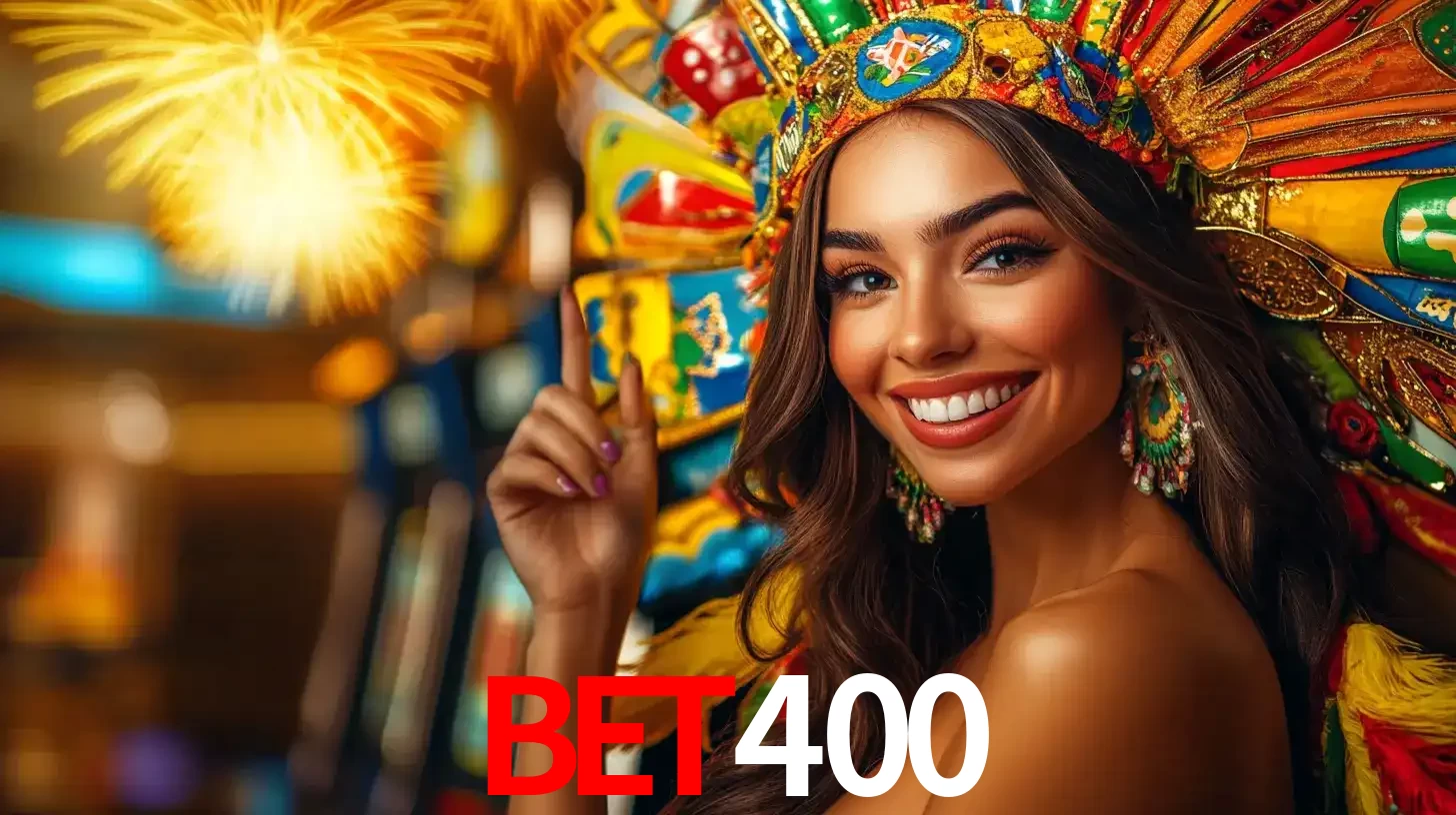 Mulher sorridente com um cocar de carnaval vibrante e colorido, celebrando uma grande vitória nos jogos do cassino BET400 com fogos de artifício ao fundo.