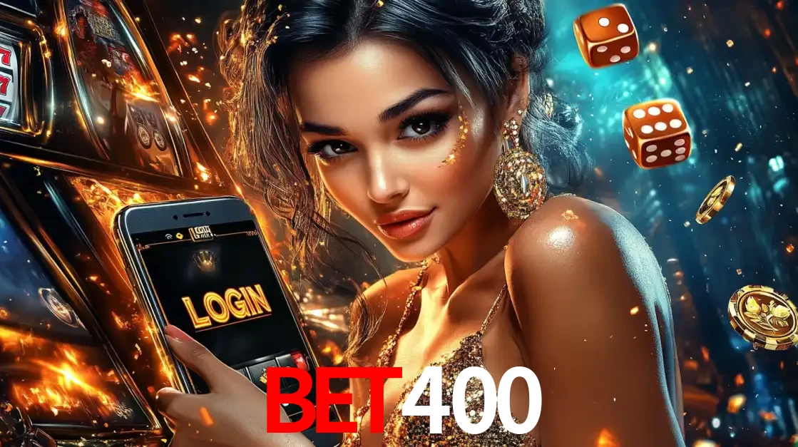 Mulher glamourosa segurando um celular com a tela de login do cassino BET400, rodeada por dados e moedas douradas, pronta para começar a diversão.