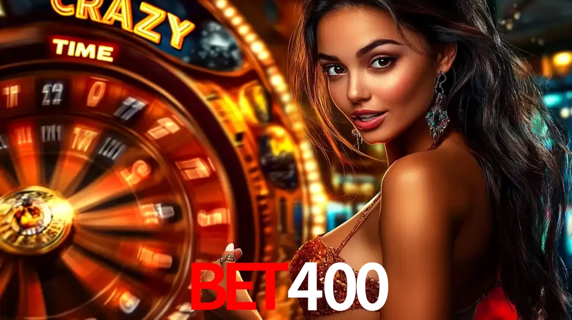 Mulher ao lado da roda de prêmios do jogo de cassino ao vivo Crazy Time, um dos shows de jogos mais emocionantes oferecidos pela plataforma de apostas BET400.