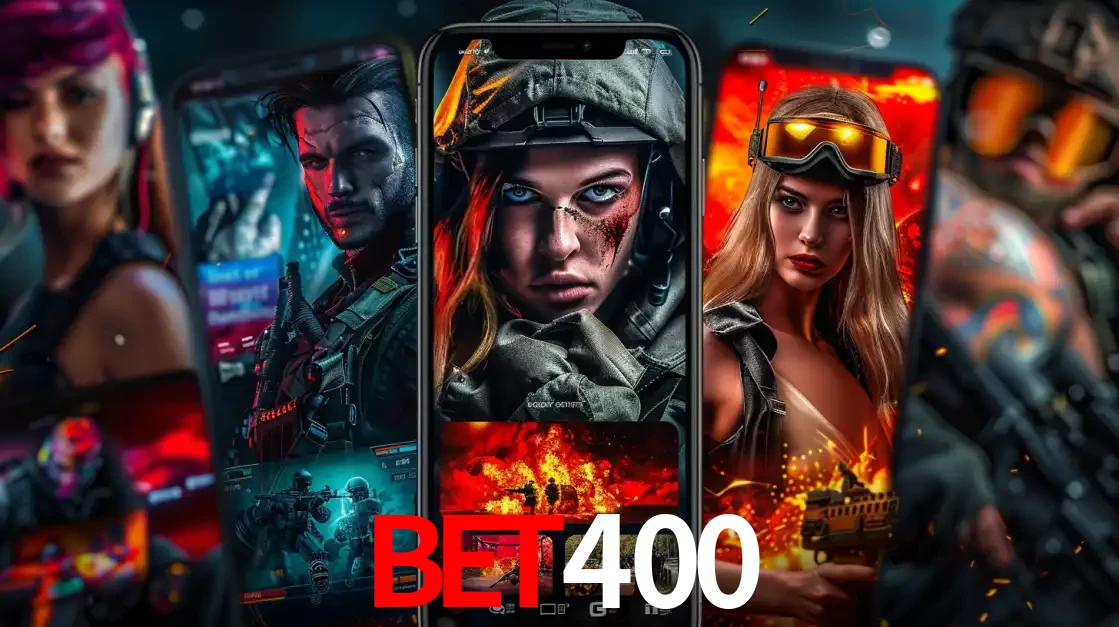 Montagem de telas de celular mostrando diversos personagens, masculinos e femininos, de um jogo de tiro, ilustrando a diversidade de equipes de e-sports para apostar no BET400.