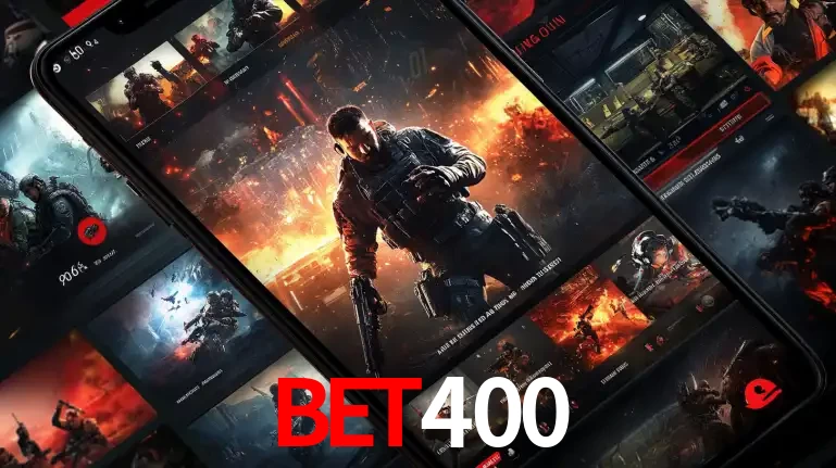 Tela de um celular exibindo uma galeria de jogos de tiro com temática militar, mostrando a variedade de e-sports disponíveis para apostas na plataforma de entretenimento BET400.