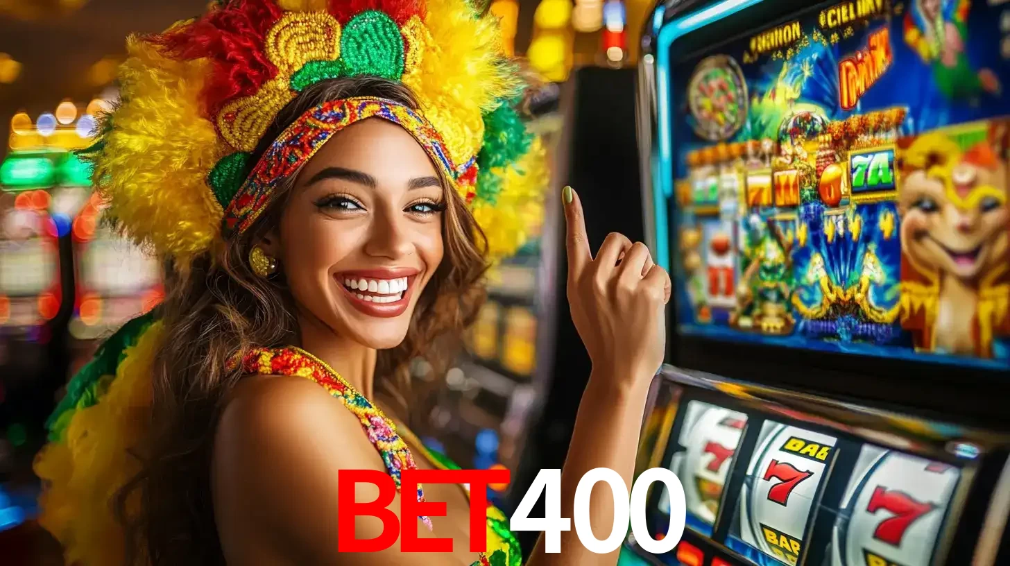 Mulher animada com um cocar de carnaval apontando para uma máquina de caça-níqueis, mostrando a emoção de ganhar um grande prêmio nos jogos do BET400.