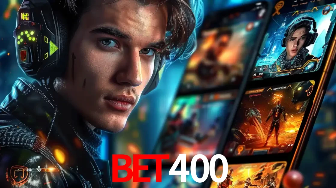 Jovem jogador com fones de ouvido olhando para a câmera, com um aplicativo de jogos e e-sports para celular ao fundo, pronto para a competição e apostas no BET400.