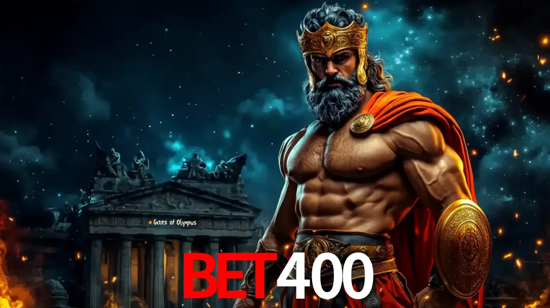O poderoso Zeus do jogo de slot Gates of Olympus em frente ao seu templo, pronto para lançar multiplicadores divinos e prêmios épicos no cassino online BET400.