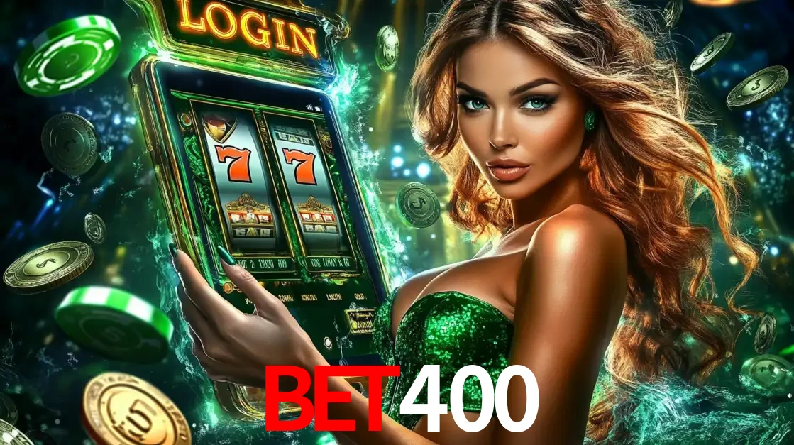 Mulher com tema verde apresentando o aplicativo do cassino BET400 com um jogo de slot de 777, cercada por fichas de cassino e uma aura de sorte.