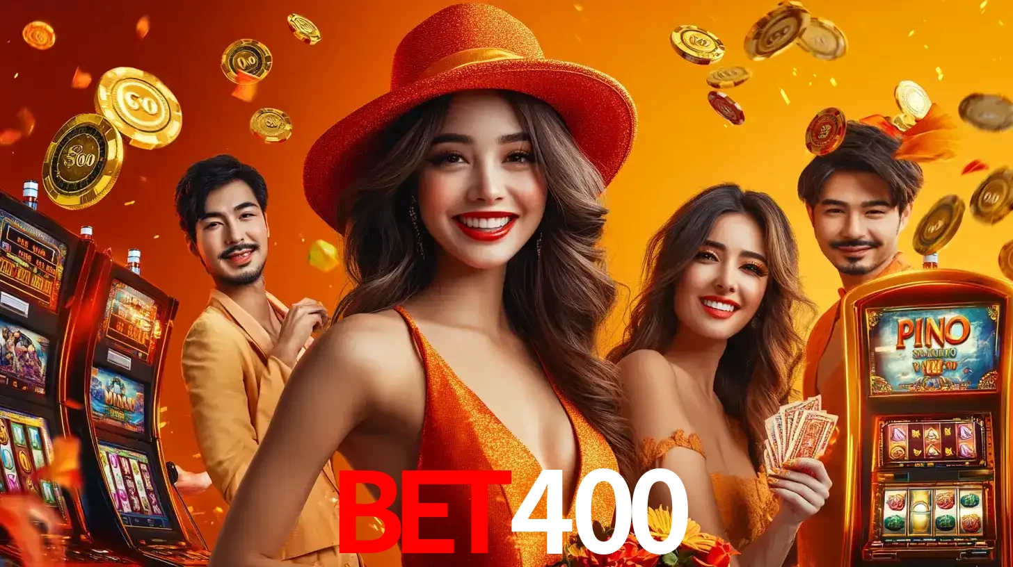Grupo de amigos asiáticos sorrindo e se divertindo com máquinas de caça-níqueis em um ambiente festivo, celebrando suas vitórias nos jogos de cassino do BET400.
