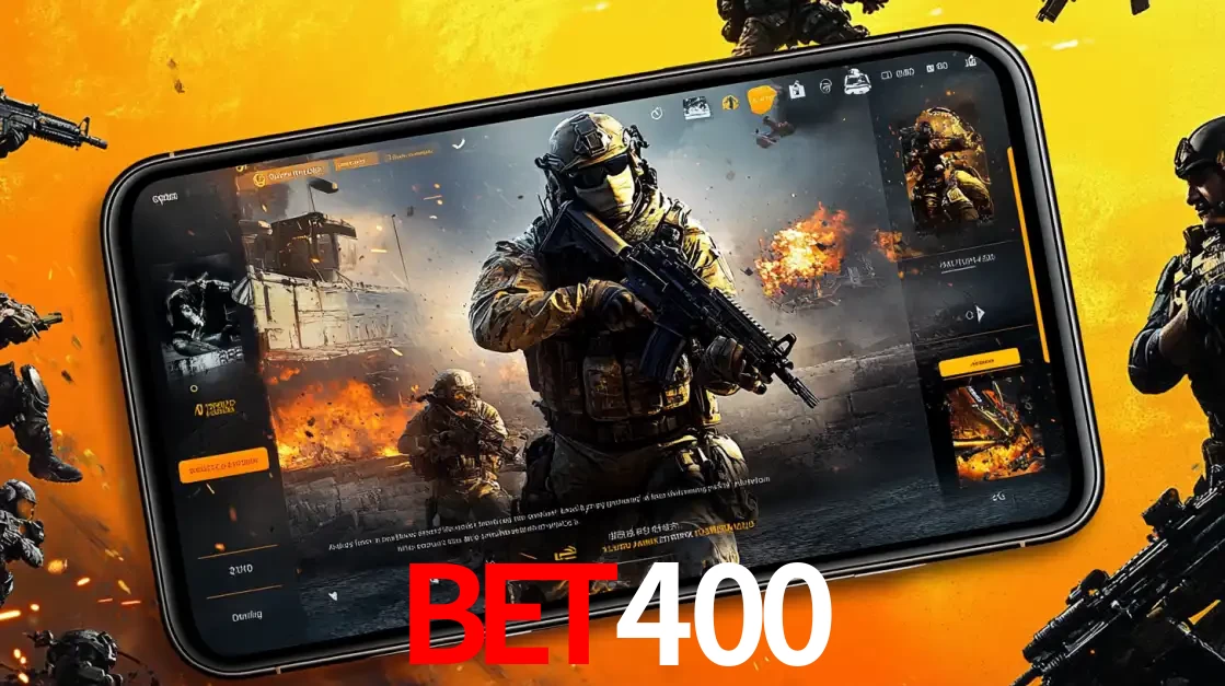 Um smartphone exibindo a interface de um jogo de tiro em primeira pessoa, com um soldado em um cenário de batalha, representando a ação dos e-sports para apostar no BET400.
