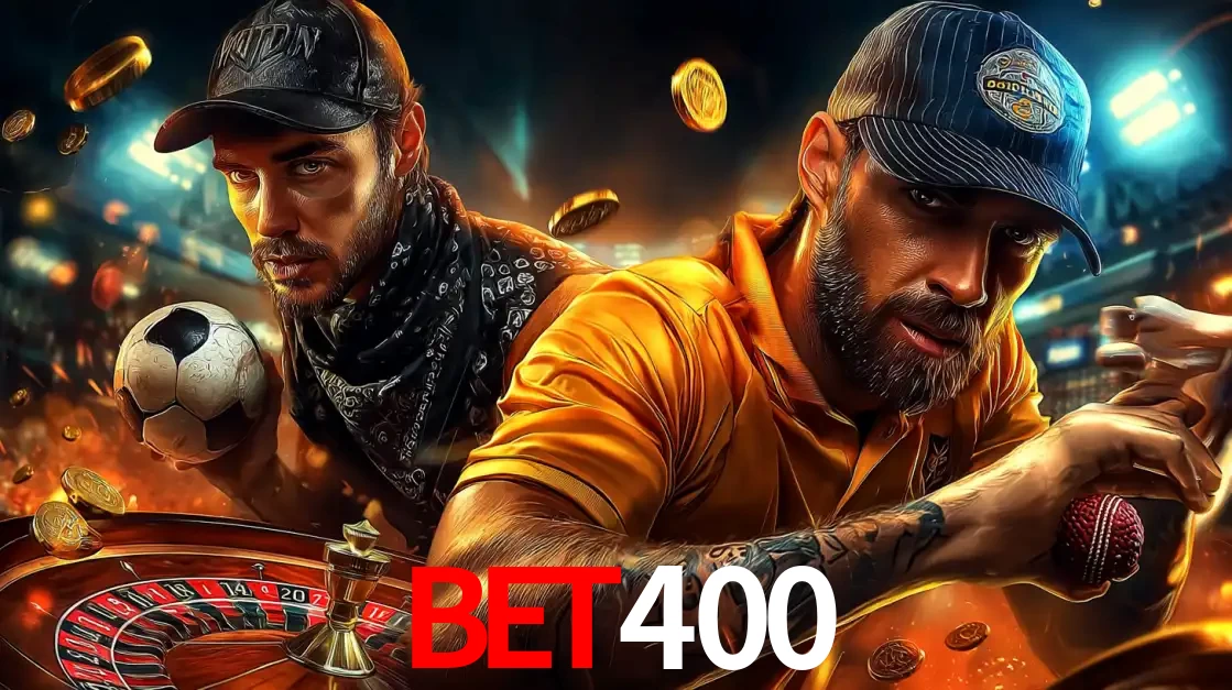 Montagem de apostas esportivas e cassino no BET400, com um homem segurando uma bola de futebol e outro uma de beisebol sobre uma roleta e moedas voadoras.