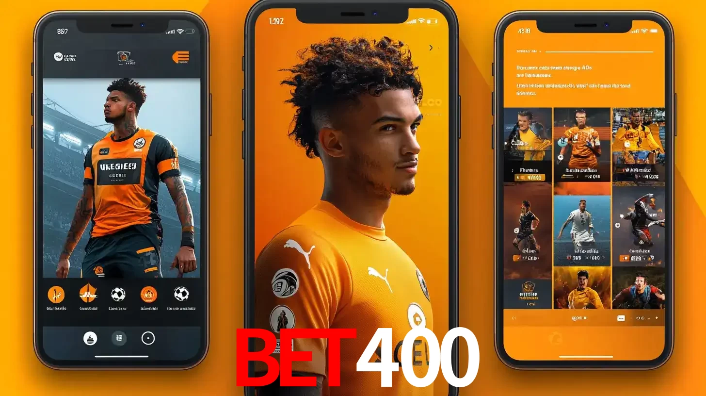 Interface do aplicativo de apostas esportivas BET400 em três telas de celular, mostrando o perfil de um jogador de futebol e a lista de jogos disponíveis para apostar.