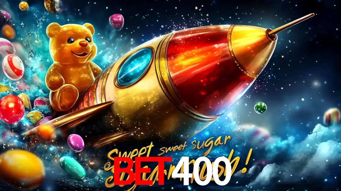 Arte promocional do jogo de slot Sugar Rush, com um urso de pelúcia em um foguete viajando pelo espaço de doces, um dos jogos divertidos disponíveis no cassino BET400.