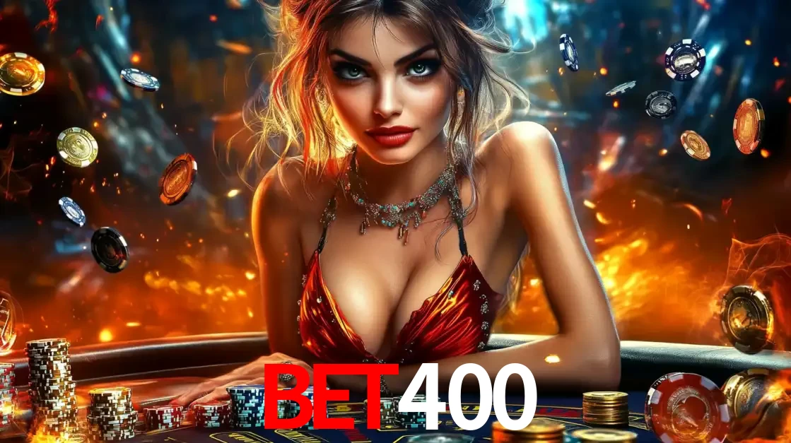 Mulher em uma mesa de cassino com pilhas de fichas e um fundo de fogo, pronta para uma rodada de altas apostas nos jogos de mesa emocionantes do cassino BET400.