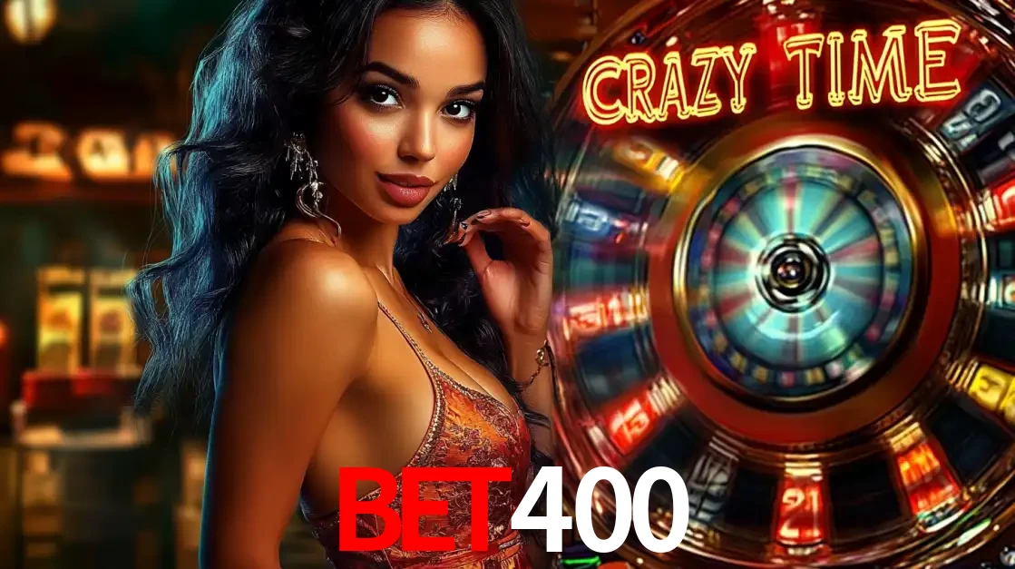 Mulher elegante ao lado da vibrante roda da fortuna do jogo de cassino ao vivo Crazy Time, um dos game shows mais populares e cheios de prêmios do BET400.