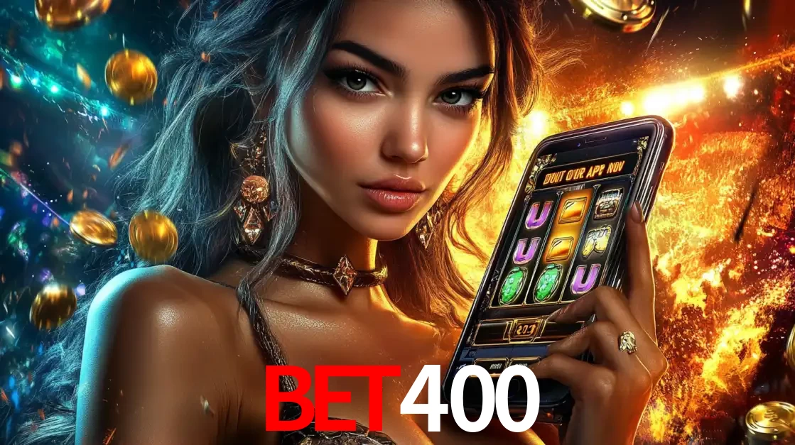 Mulher elegante mostrando um jogo de caça-níqueis em seu smartphone, destacando a experiência de cassino móvel oferecida pelo aplicativo BET400.