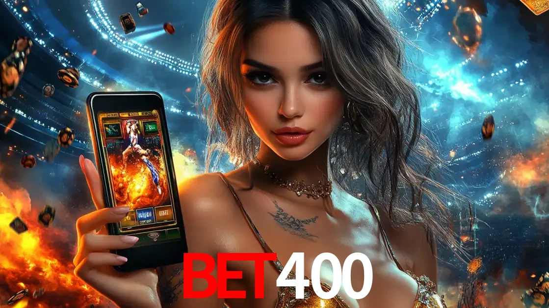 Mulher segurando um celular com um jogo de slot em destaque, tendo como fundo um estádio vibrante, simbolizando a emoção de jogar no cassino móvel BET400.