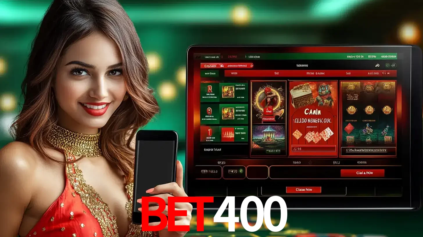 Mulher sorridente segurando um smartphone, ao lado de uma tela exibindo o lobby de jogos do cassino online BET400, com várias opções de jogos de cartas e slots.